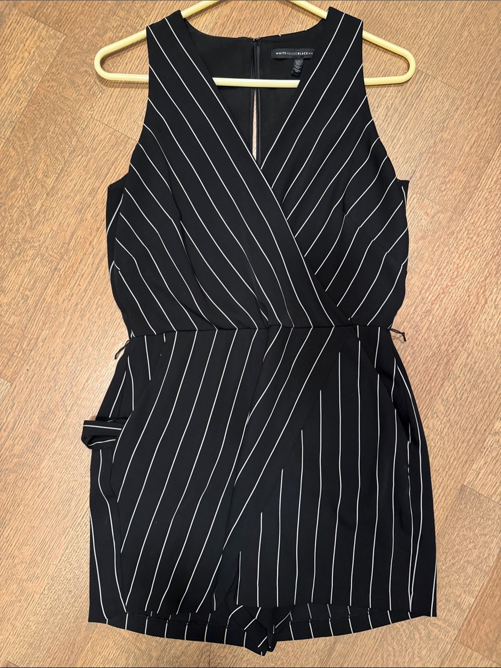 White House Black Market Black Pinstripe Sleeveless Wrap Romper